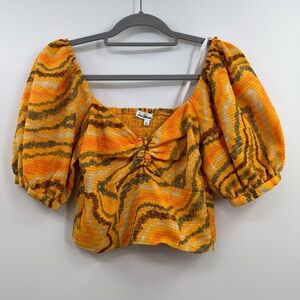 Sam Edelman Karen Top Womens M NWT Orange Wave Puff Sleeve Crop Blouse